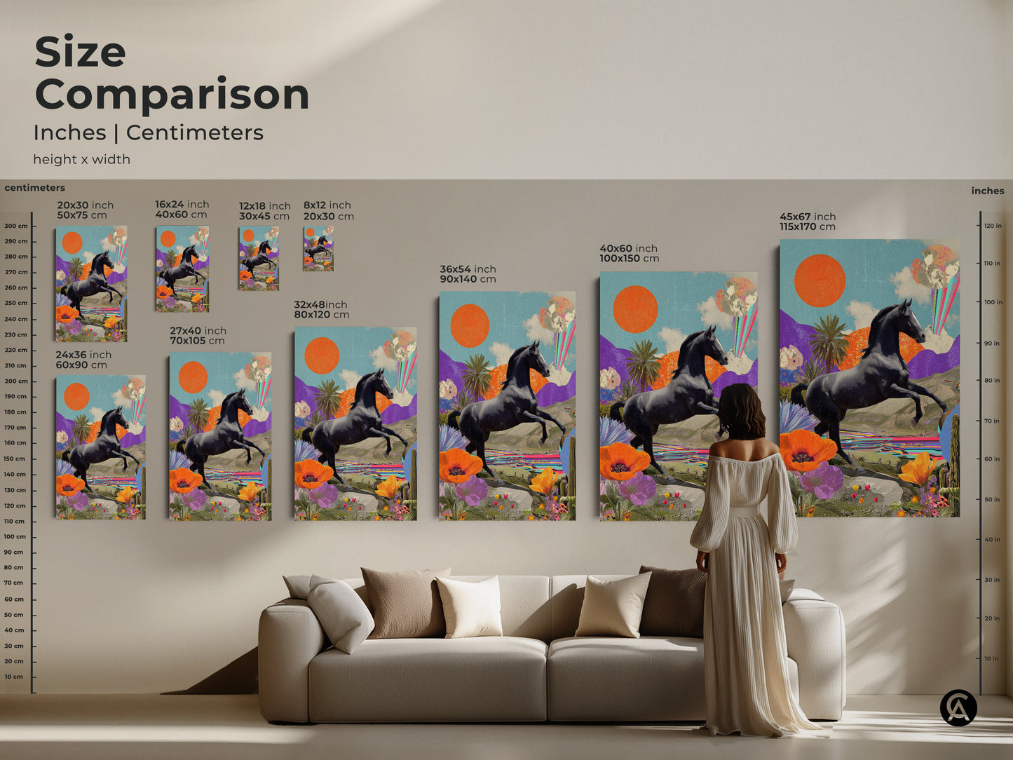Size comparison of surreal horse collage art prints in inches and centimeters. See how different sizes fit above a sofa. Choose from 16x24 to 45x67 inches for a statement wall art decor.