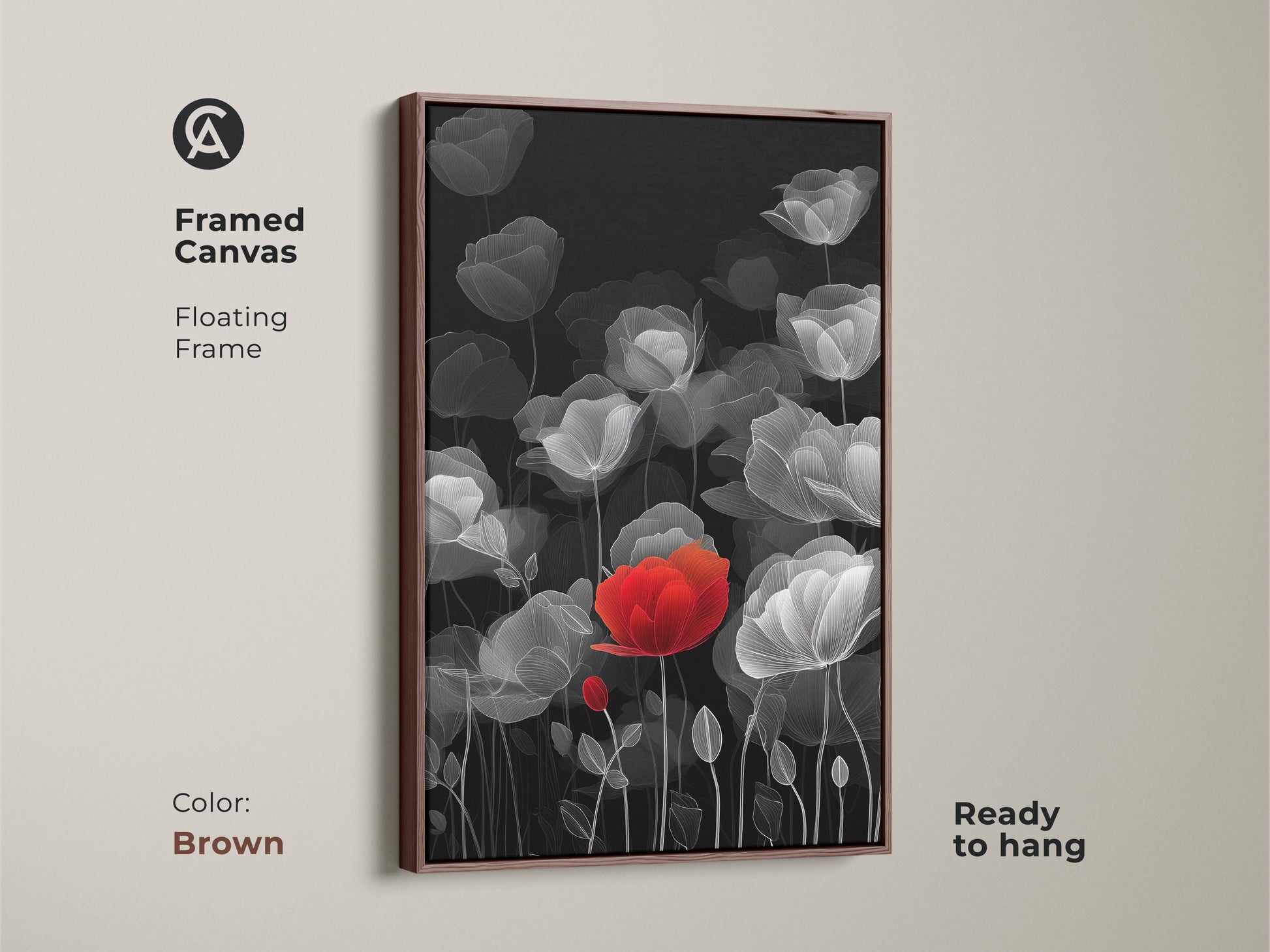 Framed Canvas with a brown floating frame. This showcases modern botanical artwork. The red poppy line art stands out beautifully. It is set against a black and white floral background. It is a minimalist floral wall art piece. This contemporary red accent art complements any space. Ready to hang for easy home decor.