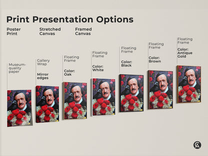 Print presentation options showing poster stretched and framed canvas. Edgar Allan Poe raven and roses wall art is available as a literary gift in various frame colors and styles.