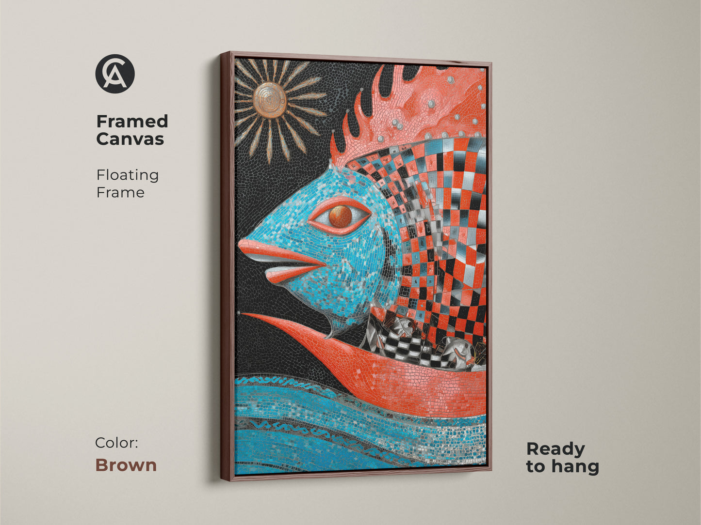 Brighten your walls with this brown-framed canvas. The surreal fish print creates a focal point. This mosaic artwork in teal and blue radiates fantasy and mythology. An ideal housewarming gift.