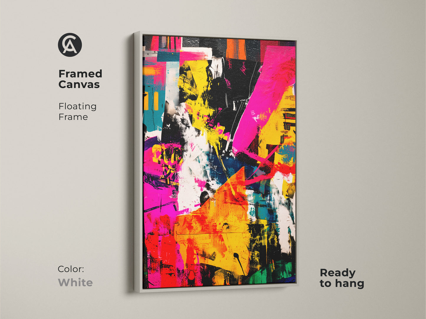 Framed canvas featuring a bold abstract artwork. The floating frame is white. The artwork is ready to hang. This modern art piece adds a clean and stylish touch to any room.