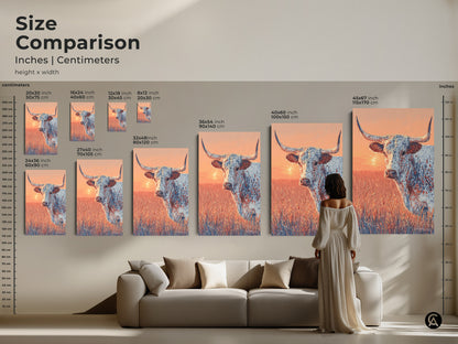 Size comparison of longhorn art prints. Inches and centimeters are shown. A woman stands next to the artwork for scale. Find the perfect size for your space. A great piece for western art collectors.
