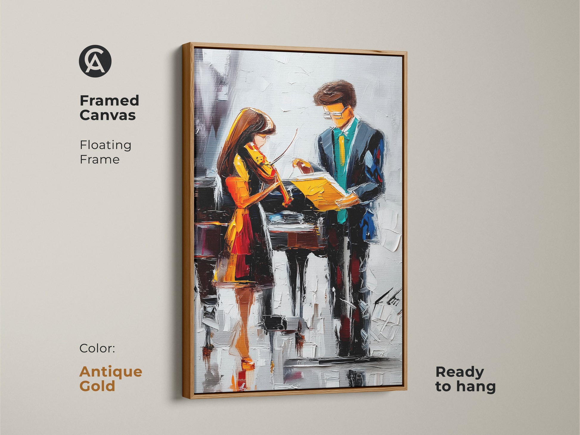 Framed canvas with an antique gold floating frame displaying contemporary violin and piano artwork. The teal blue orange art is ready to hang. It is a perfect gift for musicians.
