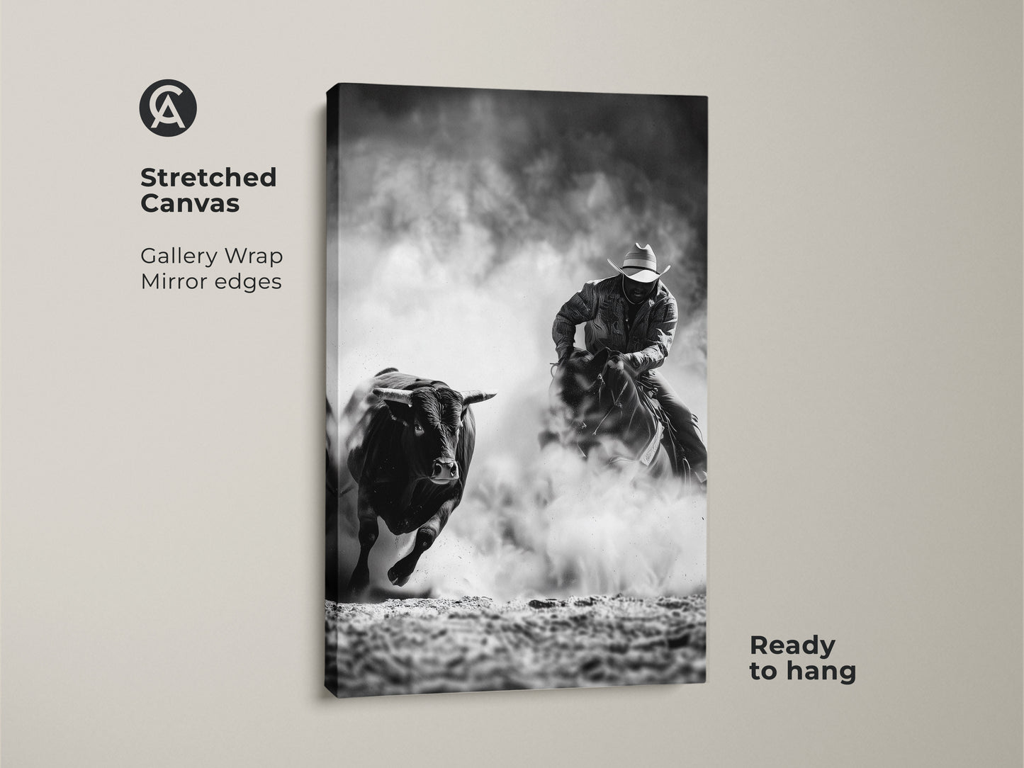 Gallery wrapped Stretched Canvas art shows a cowboy riding a bull. This Western action scene print is monochrome. It is grayscale bull art for a man cave. A perfect piece of rustic Western decor ready to hang.