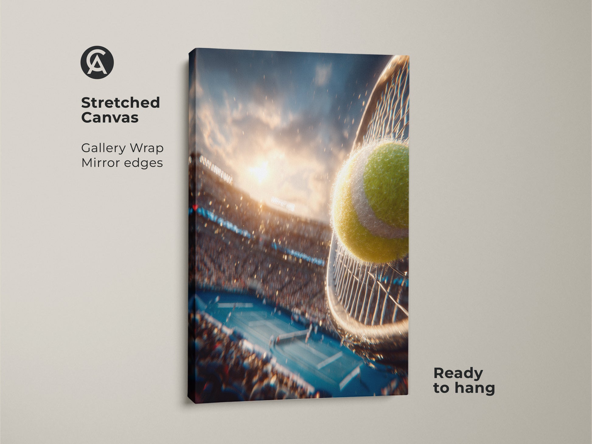 Stretched canvas of a tennis ball artwork. The gallery wrap has mirrored edges. This ready-to-hang canvas captures the thrill of the game. The artwork shows a tennis ball hitting a racket during a match.