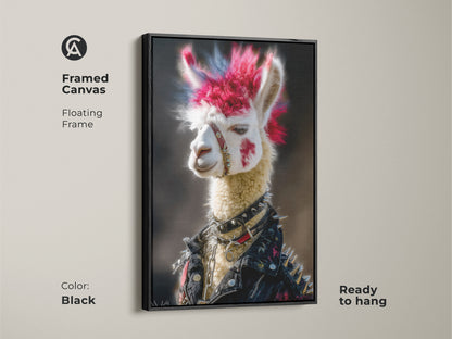 Framed canvas artwork displays a Punk Rocker Llama with a floating frame in black. It features a pink and blue mohawk. The studded leather jacket adds Alternative music themed art to any room. Ready to hang canvas.