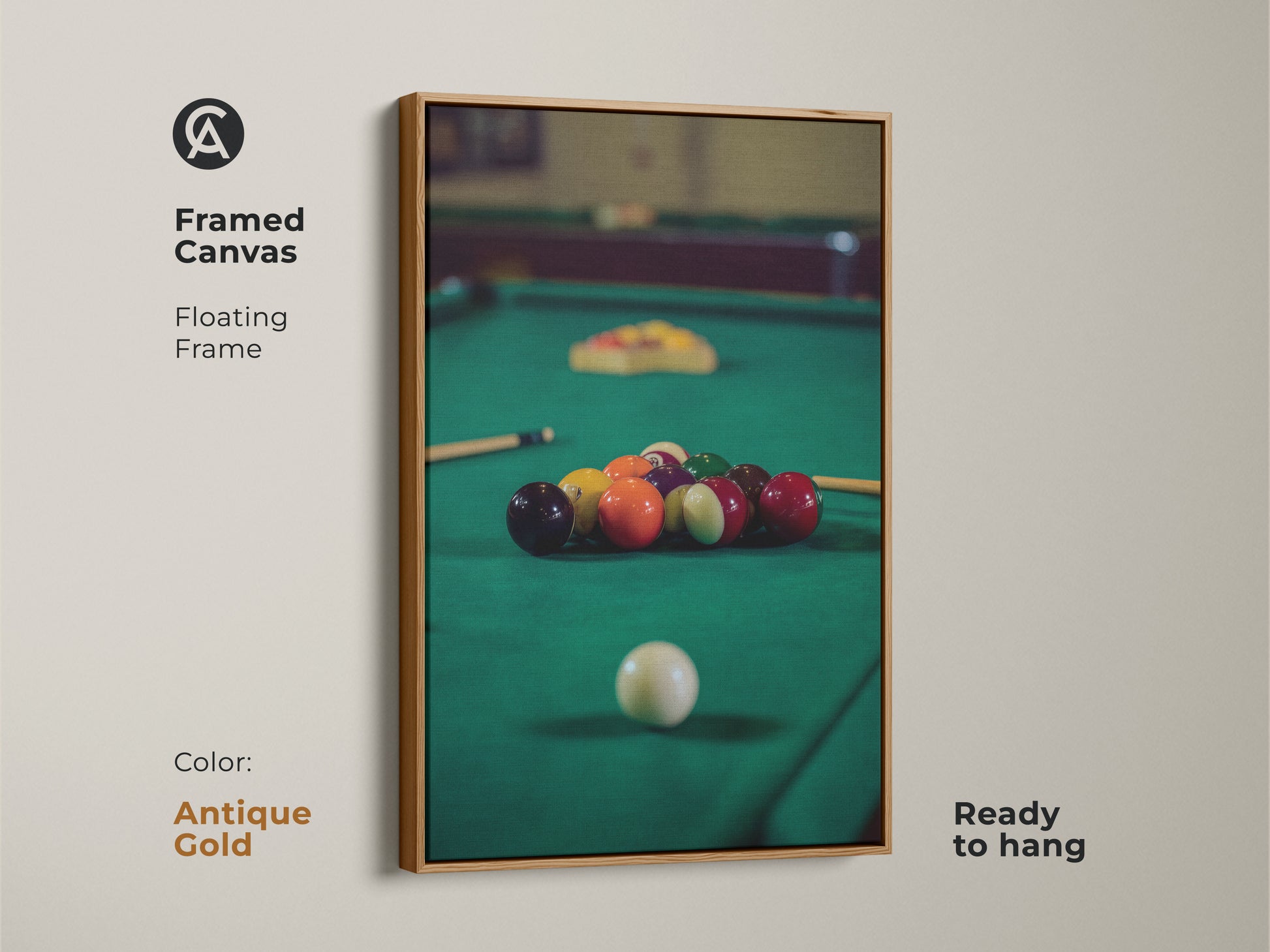 Antique gold framed canvas shows billiard balls on an emerald green pool table. This floating frame artwork is ready to hang enhancing billiard room decor. It's a great gift for pool players and billiard lovers adding leisure.
