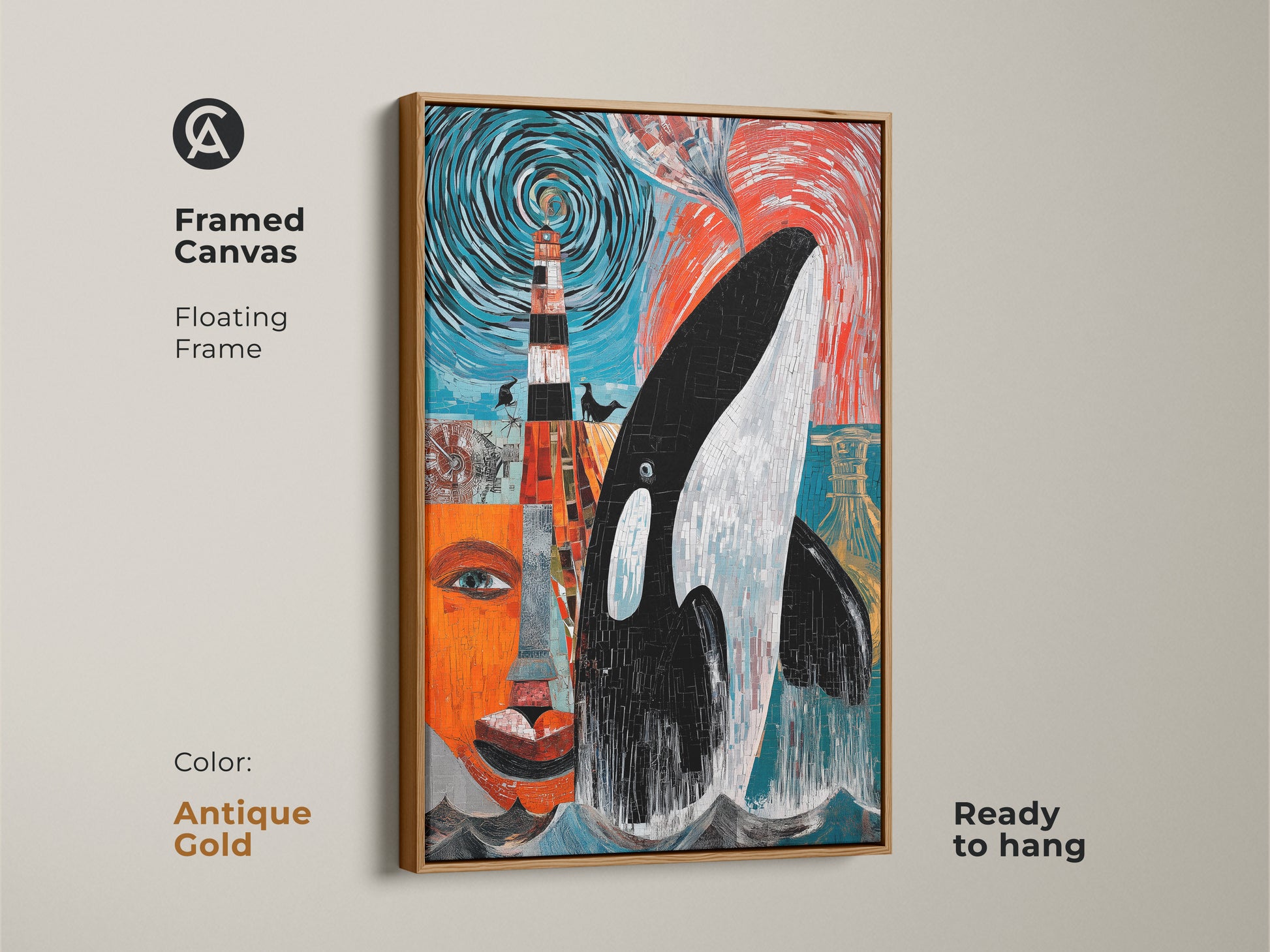 Framed Canvas featuring a brown floating frame. It has abstract Orca whale art in a mosaic lighthouse design. This ocean-themed artwork is ideal for eclectic decor or as a housewarming gift for ocean lovers. The canvas art is printed in teal orange & black.