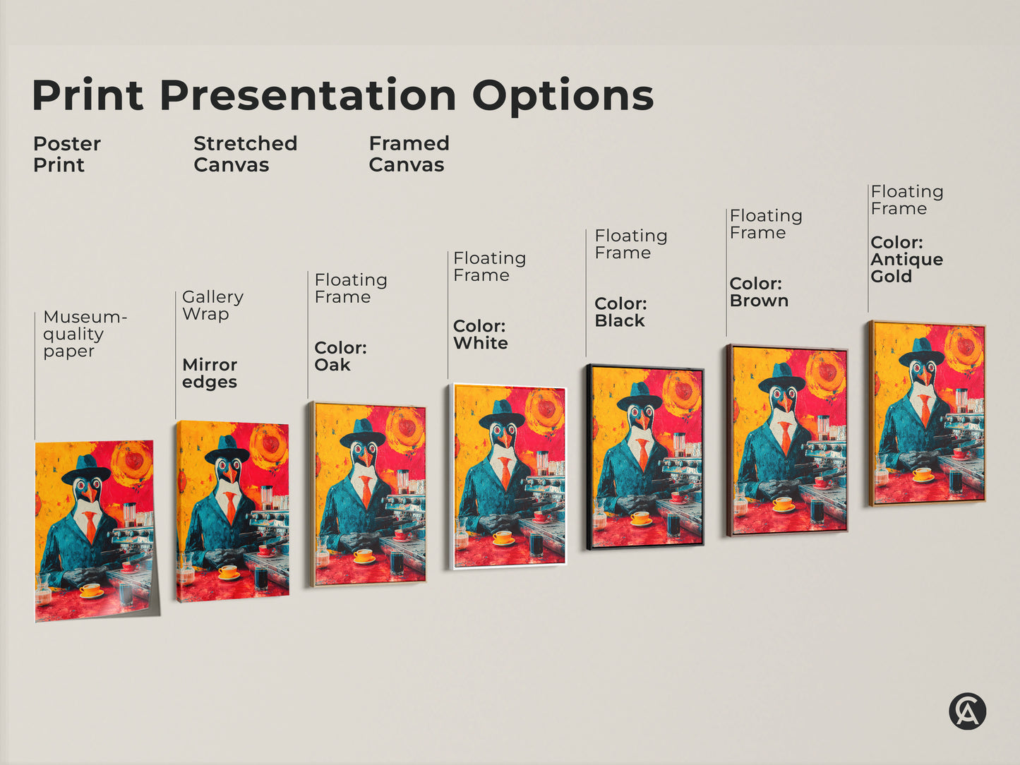 Presentation options of the museum-quality paper poster and stretched and framed canvas of the penguin barista artwork. Floating frame color options include oak white black brown and antique gold. Eclectic wall decor ideas for coffee shops or home bars.