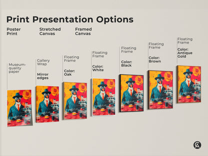 Presentation options of the museum-quality paper poster and stretched and framed canvas of the penguin barista artwork. Floating frame color options include oak white black brown and antique gold. Eclectic wall decor ideas for coffee shops or home bars.