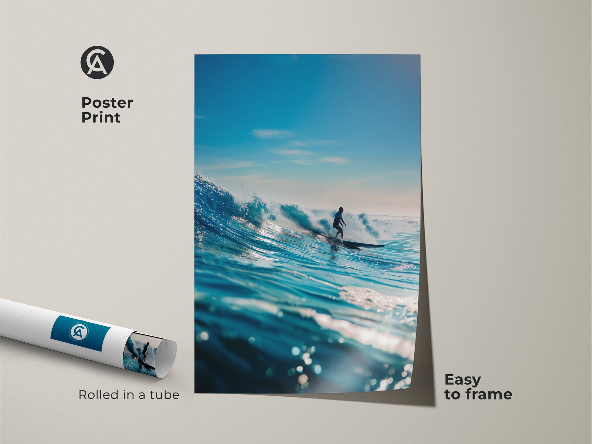 This poster print features a surfer skillfully riding a beautiful blue wave. The artwork embodies the spirit of surfing. Rolled in a tube for protection and easy framing. Add a touch of the ocean to your space with this captivating surf art.