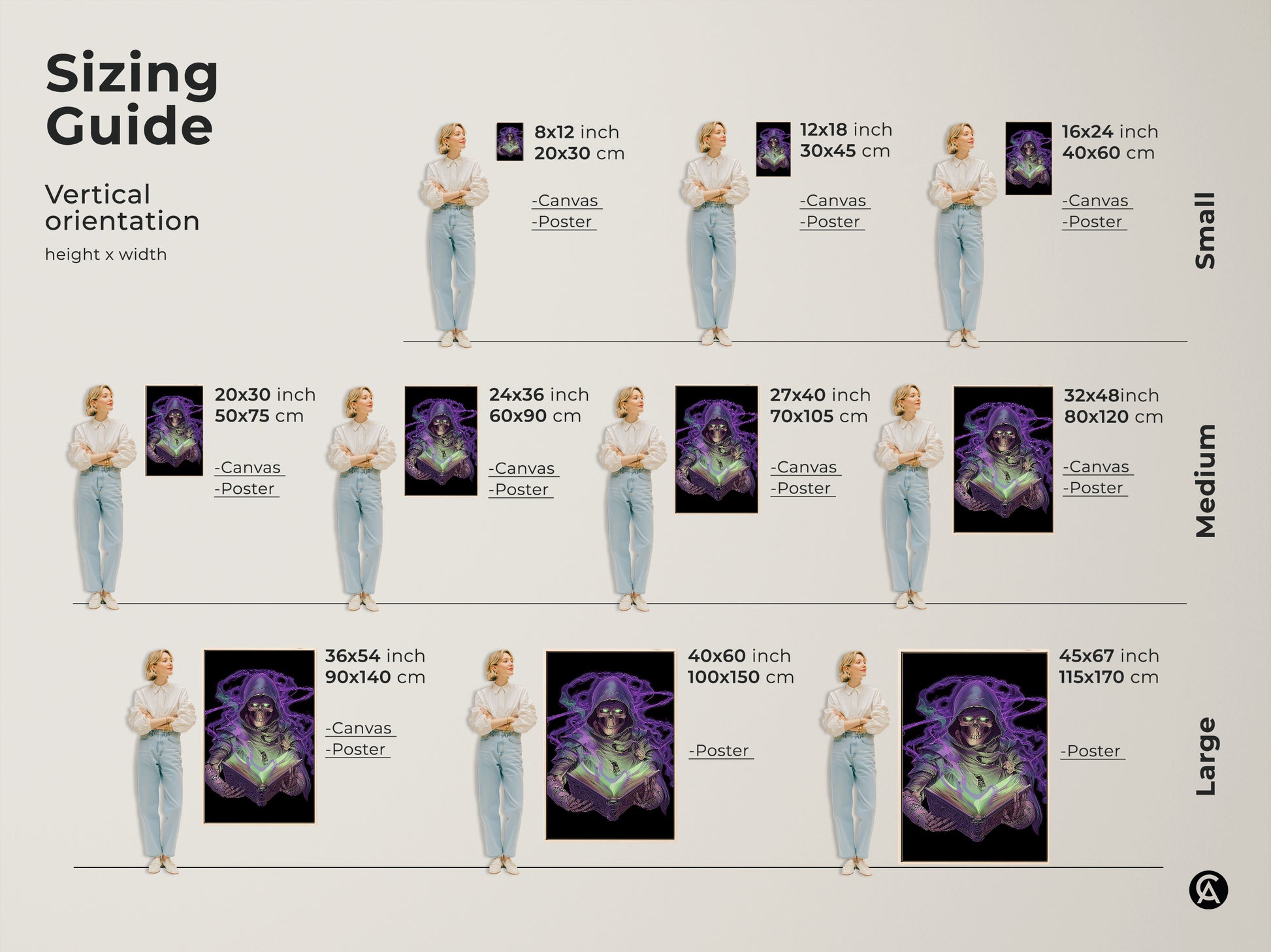 Sizing guide for neon purple Grim Reaper art prints. Gothic skeleton with spellbook shown in various sizes. Options include canvas and poster. Visualize 8x12 inch to 45x67 inch prints. Perfect dark fantasy wall art for any room size