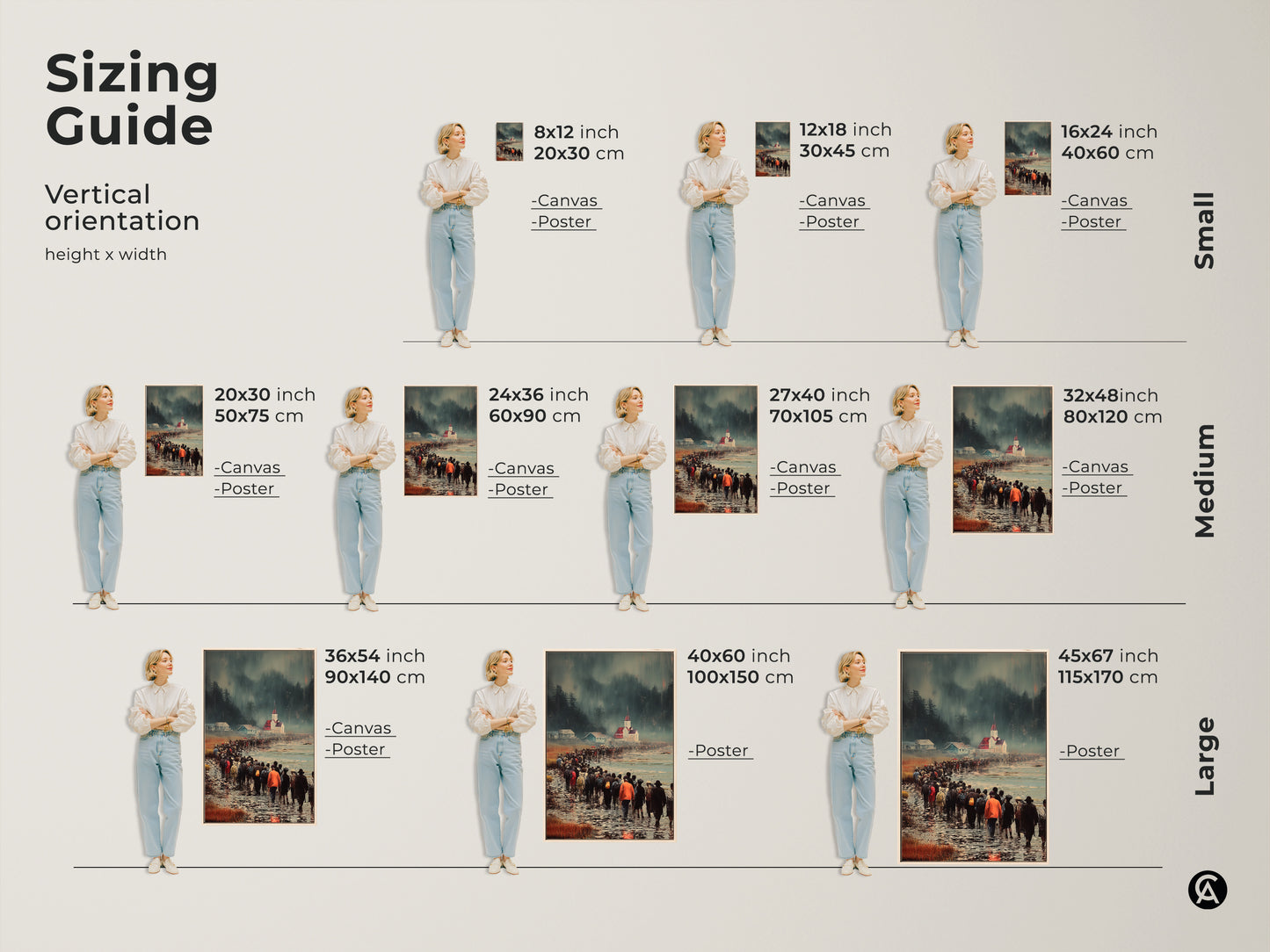 Sizing guide for canvas and poster art featuring a figurative procession to church. Find the ideal vertical orientation from small to large sizes. Select the perfect fit to enhance your dining room and living space. Discover unique art for travel lovers today