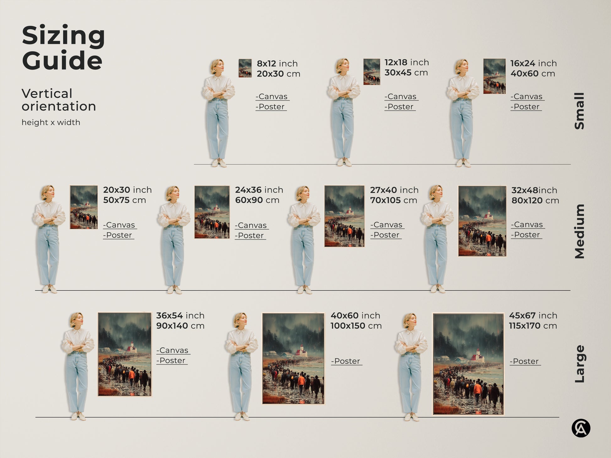 Sizing guide for canvas and poster art featuring a figurative procession to church. Find the ideal vertical orientation from small to large sizes. Select the perfect fit to enhance your dining room and living space. Discover unique art for travel lovers today