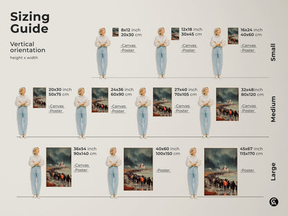 Sizing guide for canvas and poster art featuring a figurative procession to church. Find the ideal vertical orientation from small to large sizes. Select the perfect fit to enhance your dining room and living space. Discover unique art for travel lovers today