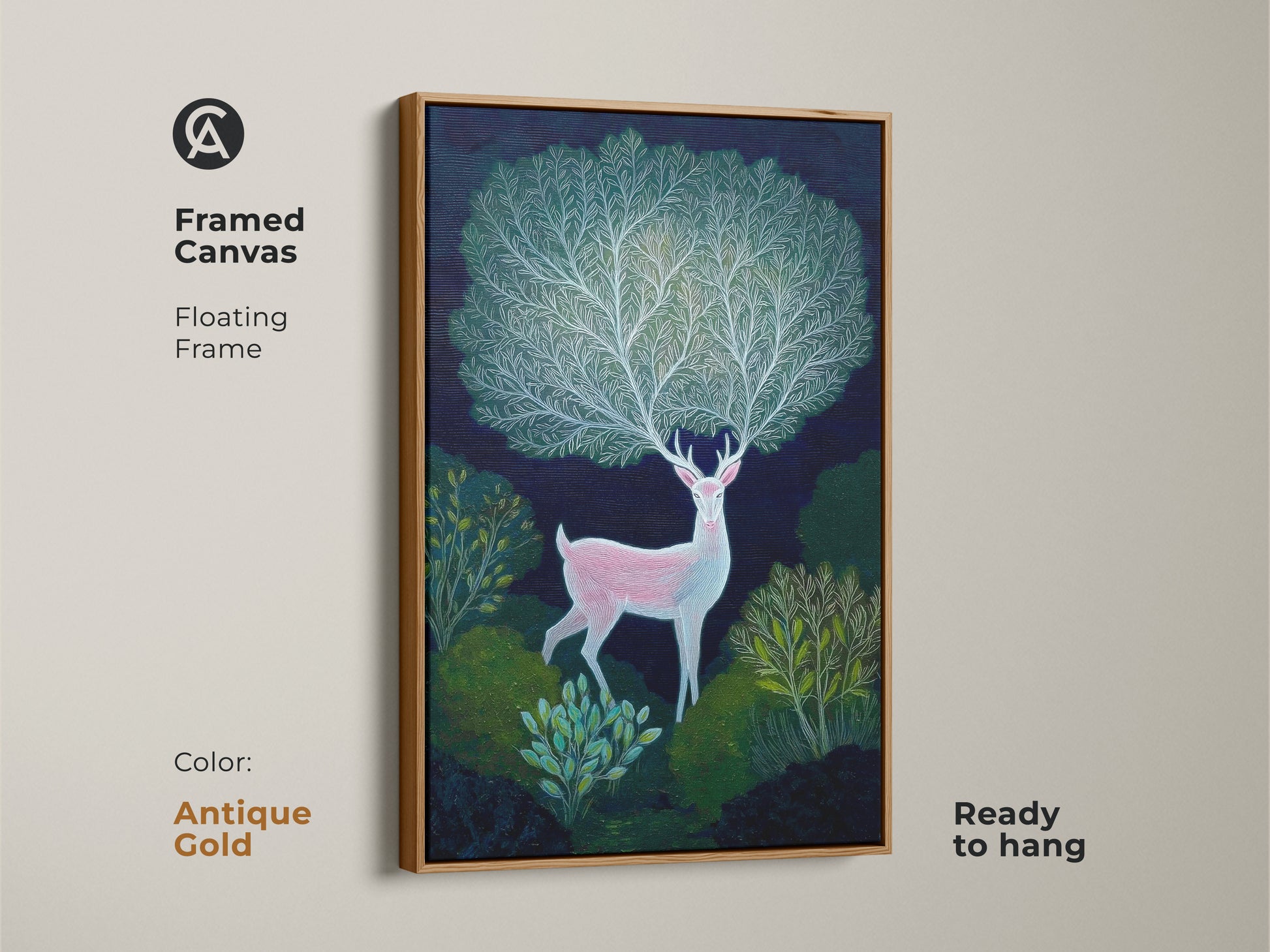 Framed canvas with a floating frame in antique gold. Featuring indigo botanical art with a pink deer in a lush forest. This artwork brings a touch of mythical wonder to any space. Ready to hang for easy installation.