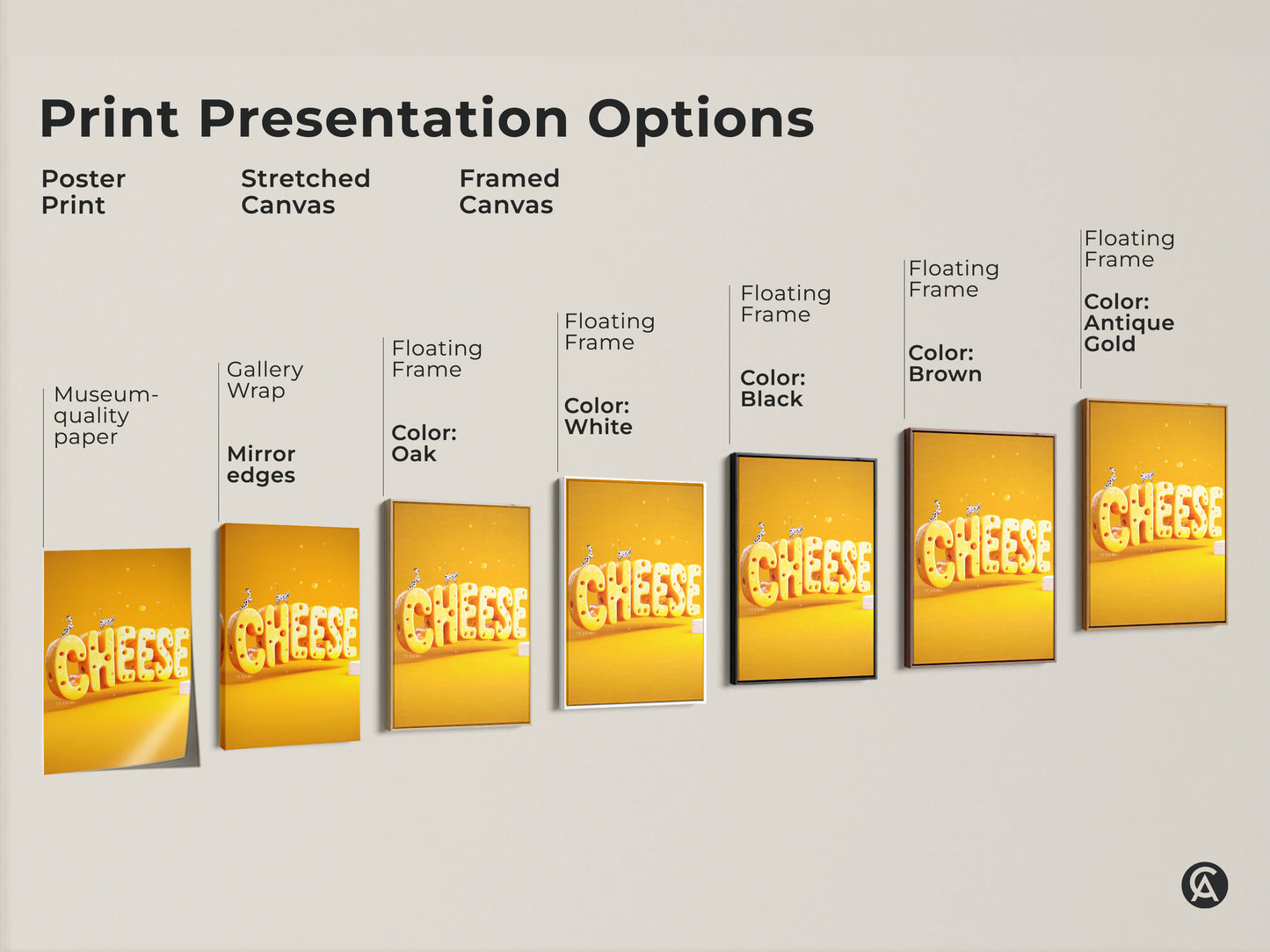 Print presentation options featuring the 3D cheese word art. Choose from poster stretched or framed canvas in various colors. Find the perfect kitchen dining wall art. A unique gift for cheese lovers and eclectic art collectors.
