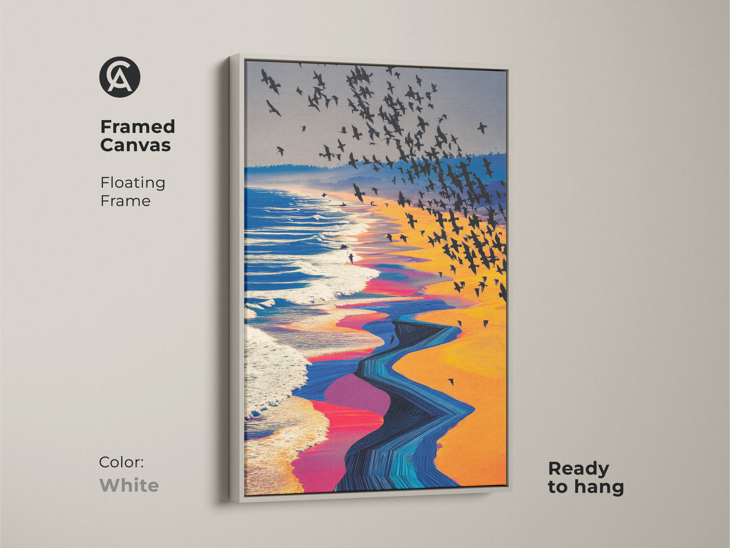 Framed canvas artwork with a white floating frame displays a surreal beach scene. A flock of birds flies over abstract ocean waves. This ready-to-hang nature landscape artwork uses vibrant orange yellow blue tones great for eclectic decor.