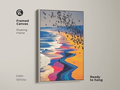 Framed canvas artwork with a white floating frame displays a surreal beach scene. A flock of birds flies over abstract ocean waves. This ready-to-hang nature landscape artwork uses vibrant orange yellow blue tones great for eclectic decor.