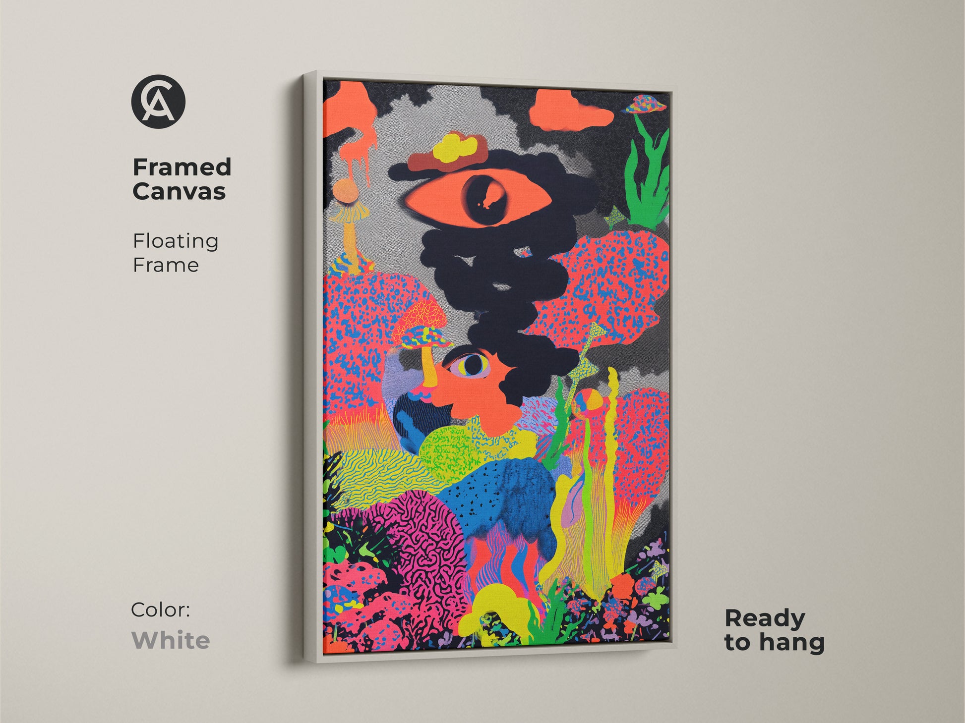 Framed canvas of abstract eye and mushroom art. The floating frame is white. This psychedelic pop art print is ready to hang. The neon pink and bright orange colors create a surreal look.