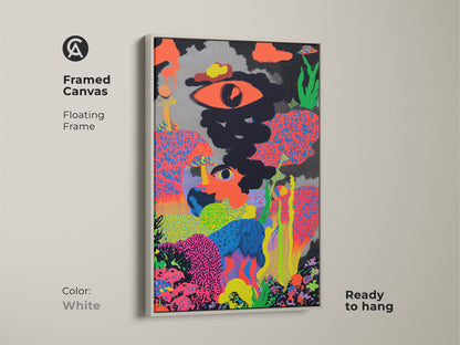 Framed canvas of abstract eye and mushroom art. The floating frame is white. This psychedelic pop art print is ready to hang. The neon pink and bright orange colors create a surreal look.