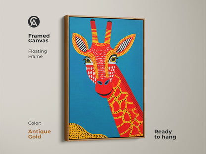Framed Canvas featuring the Tribal Giraffe Art with an antique gold frame. This ready-to-hang artwork brings a unique animal print to your home. The vibrant red and blue wall art with yellow accents creates a cheerful atmosphere. Ideal as a housewarming gift or a special present for art lovers.