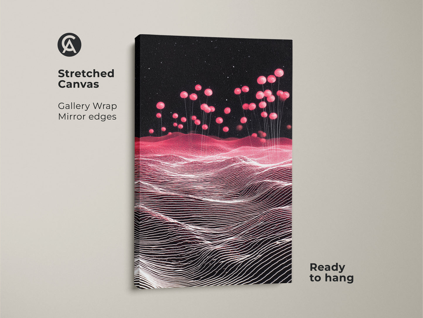 Stretched Canvas featuring a Sci-Fi Abstract Landscape. Pink Balloons float in a Magenta Starry Sky. This contemporary artwork is ready to hang with mirror edges. This futuristic canvas enhances home decor. Perfect for modern living spaces. An ideal gift for sci-fi fans.
