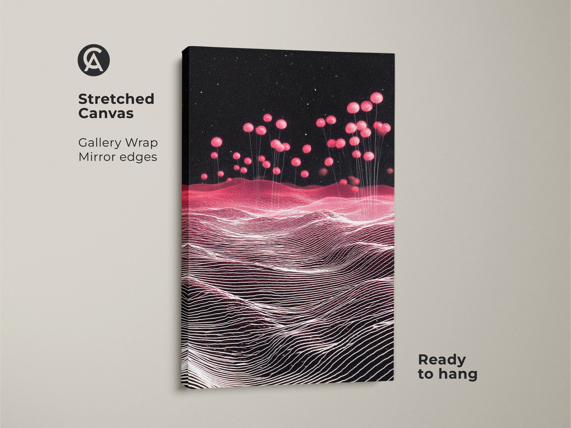 Stretched Canvas featuring a Sci-Fi Abstract Landscape. Pink Balloons float in a Magenta Starry Sky. This contemporary artwork is ready to hang with mirror edges. This futuristic canvas enhances home decor. Perfect for modern living spaces. An ideal gift for sci-fi fans.