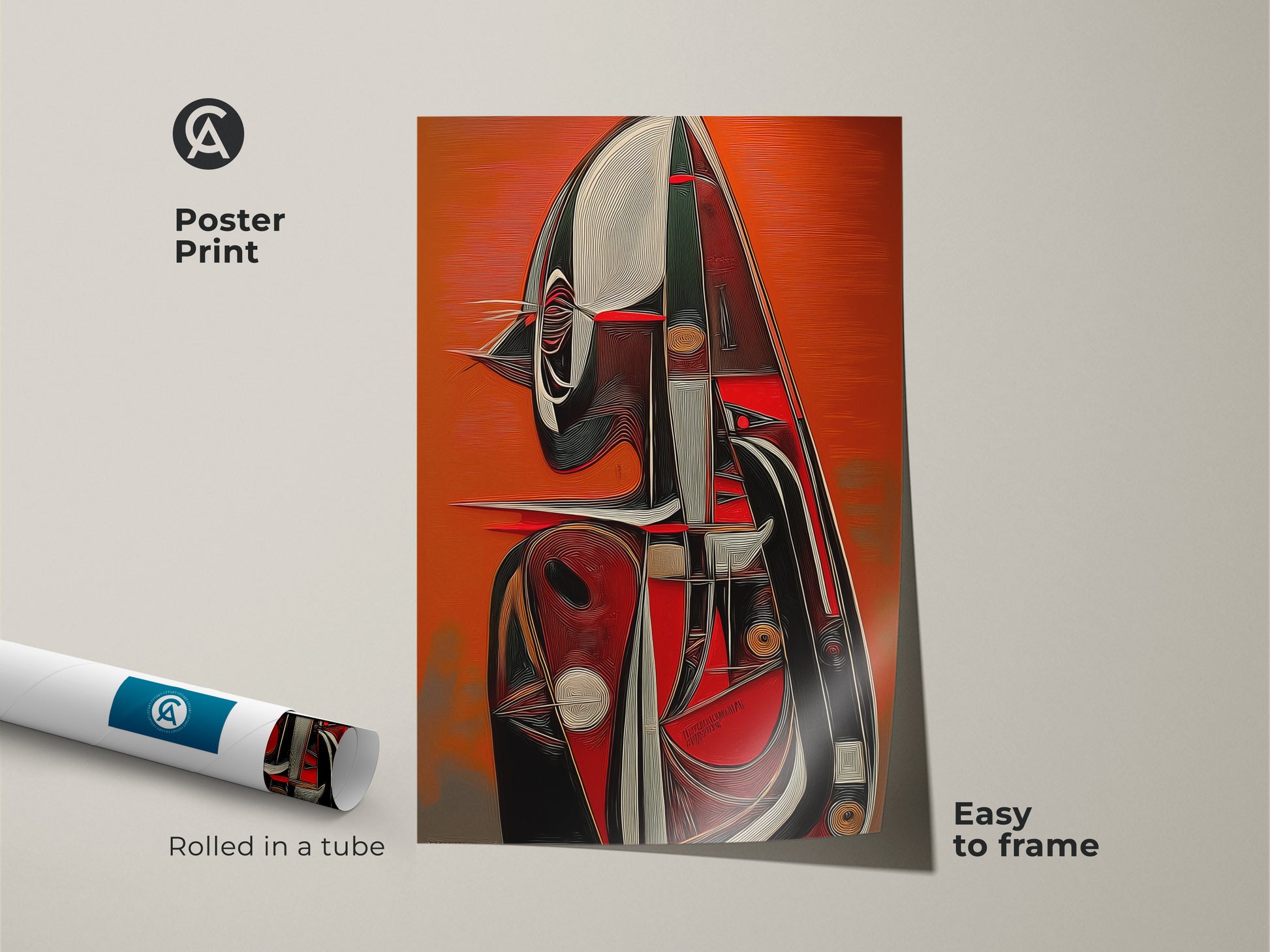 Poster print of mid-century modern abstract figure art. Red black and white geometric canvas art. Rolled in a tube for easy framing. A unique and colorful abstract canvas for contemporary spaces.