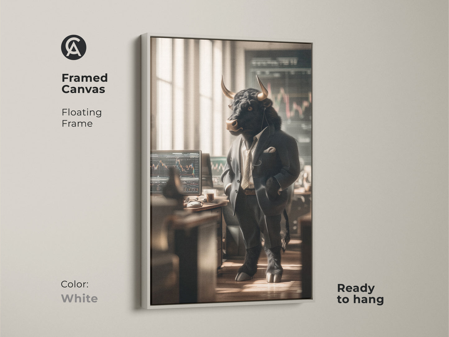 A framed canvas shows a bull dressed as a trader in front of computer screens. The white floating frame gives the art a clean modern look. Ready to hang this artwork is a versatile decor option. Ideal for adding a Wall Street theme to your space.