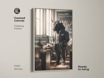 A framed canvas shows a bull dressed as a trader in front of computer screens. The white floating frame gives the art a clean modern look. Ready to hang this artwork is a versatile decor option. Ideal for adding a Wall Street theme to your space.