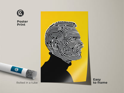 Poster print of a line art portrait. The artwork is printed on museum-quality paper. The black and white art contrasts against a yellow backdrop. This poster is easy to frame. It is shipped rolled in a tube for protection. Decorate your space with this modern art piece.