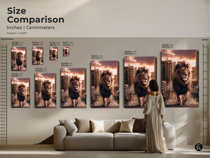 Size comparison between inches and centimeters. Find the perfect Lion in City artwork on Canvas. Sizes range from 20x30 cm to 45x67 inches. You can buy online today. Great home decor.