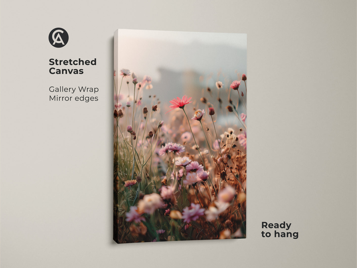 Stretched Canvas of Soft Focus Floral Art Print. Gallery wrapped with mirror edges this coral pink daisy and cosmos botanical wall art is ready to hang. Boho blush pink canvas for bedroom or housewarming gift.