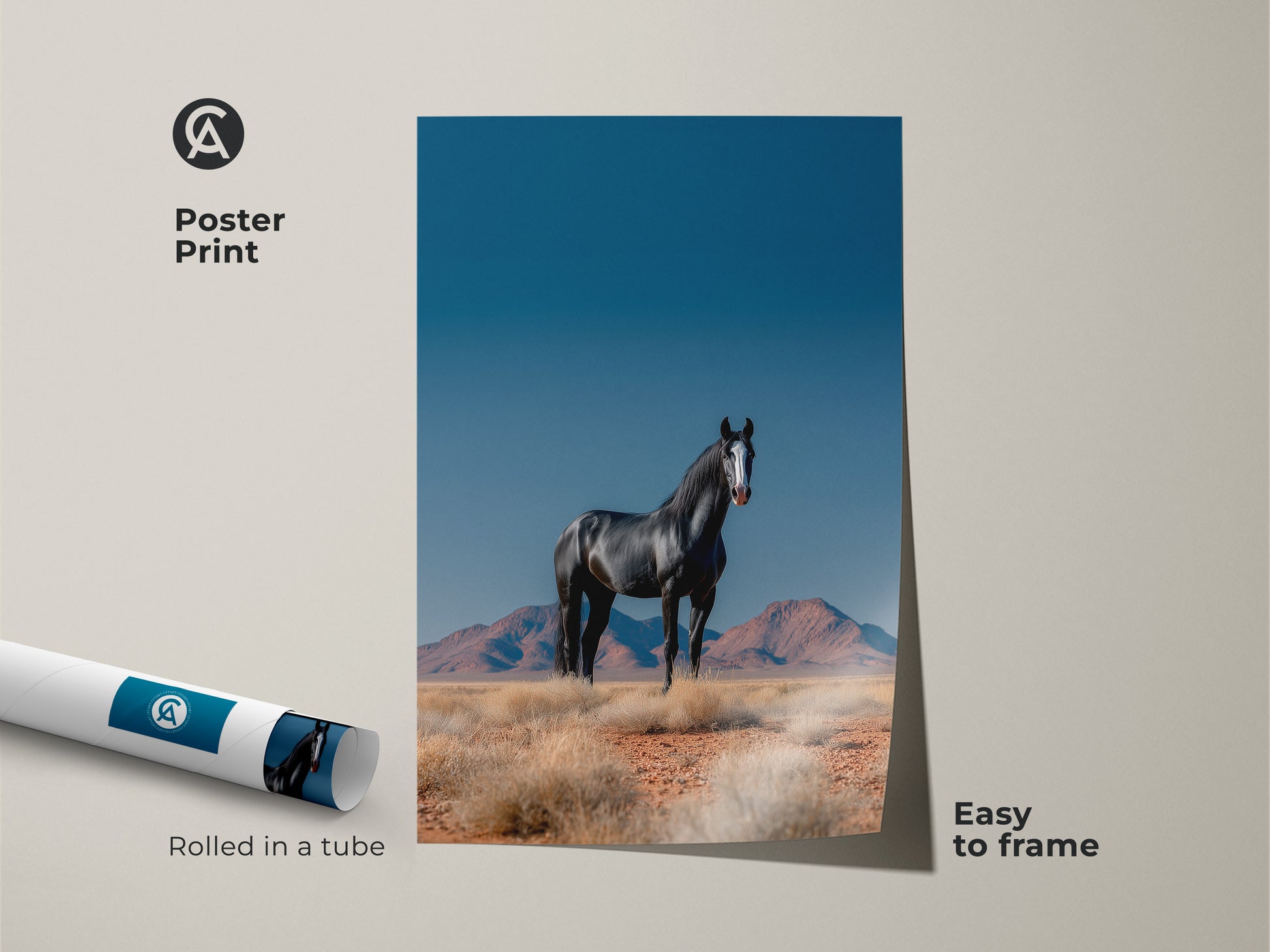 Poster print of a stunning black horse in a desert landscape. This easy-to-frame animal photography print is perfect for horse lovers. Rolled in a tube for protection. It makes a great modern farmhouse wall art addition.