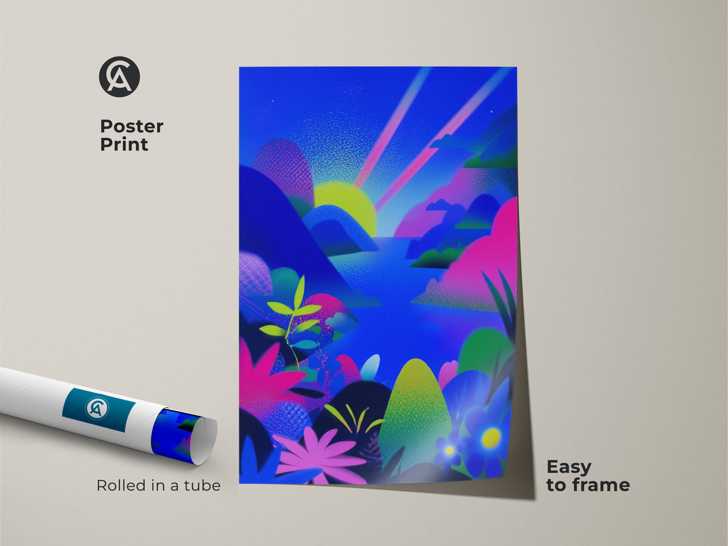 Poster print of a fantasy abstract landscape. This blue green pink canvas features a mountain sunset. Rolled in a tube and easy to frame. Nature inspired wall art for bedroom or living room. Eclectic home artwork. A unique gift for nature and art lovers.