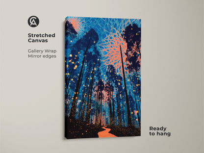 Bring fantasy to your walls with surreal forest wall art. This stretched canvas print features deep blue trees and glowing coral accents. It's gallery wrapped with mirrored edges and ready to hang. Perfect for adding an eclectic touch to any room. Ideal housewarming gift.