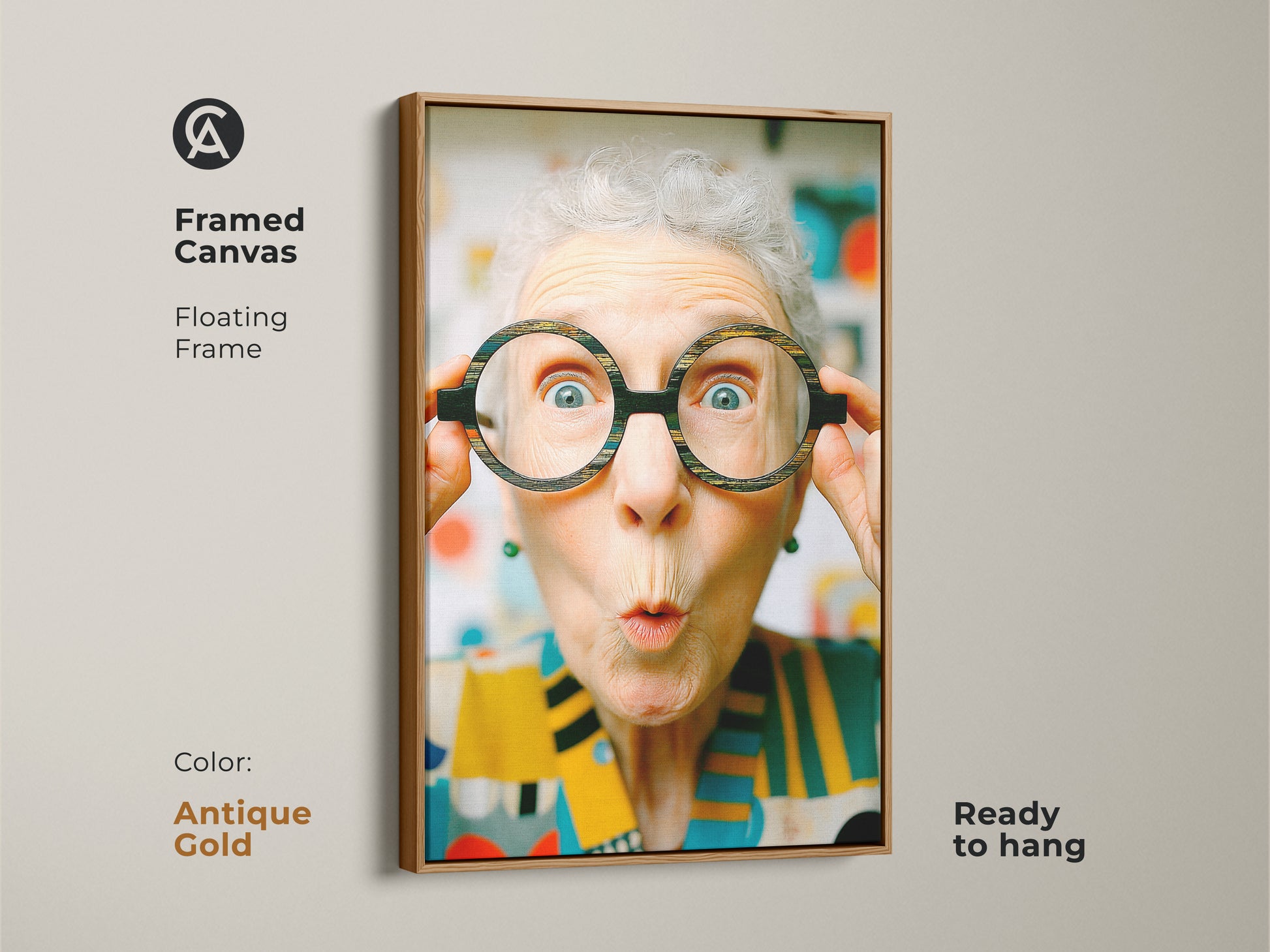 Framed canvas art with a floating frame in antique gold. Features a woman with oversized glasses. This ready-to-hang piece adds a touch of humor and charm to your space.