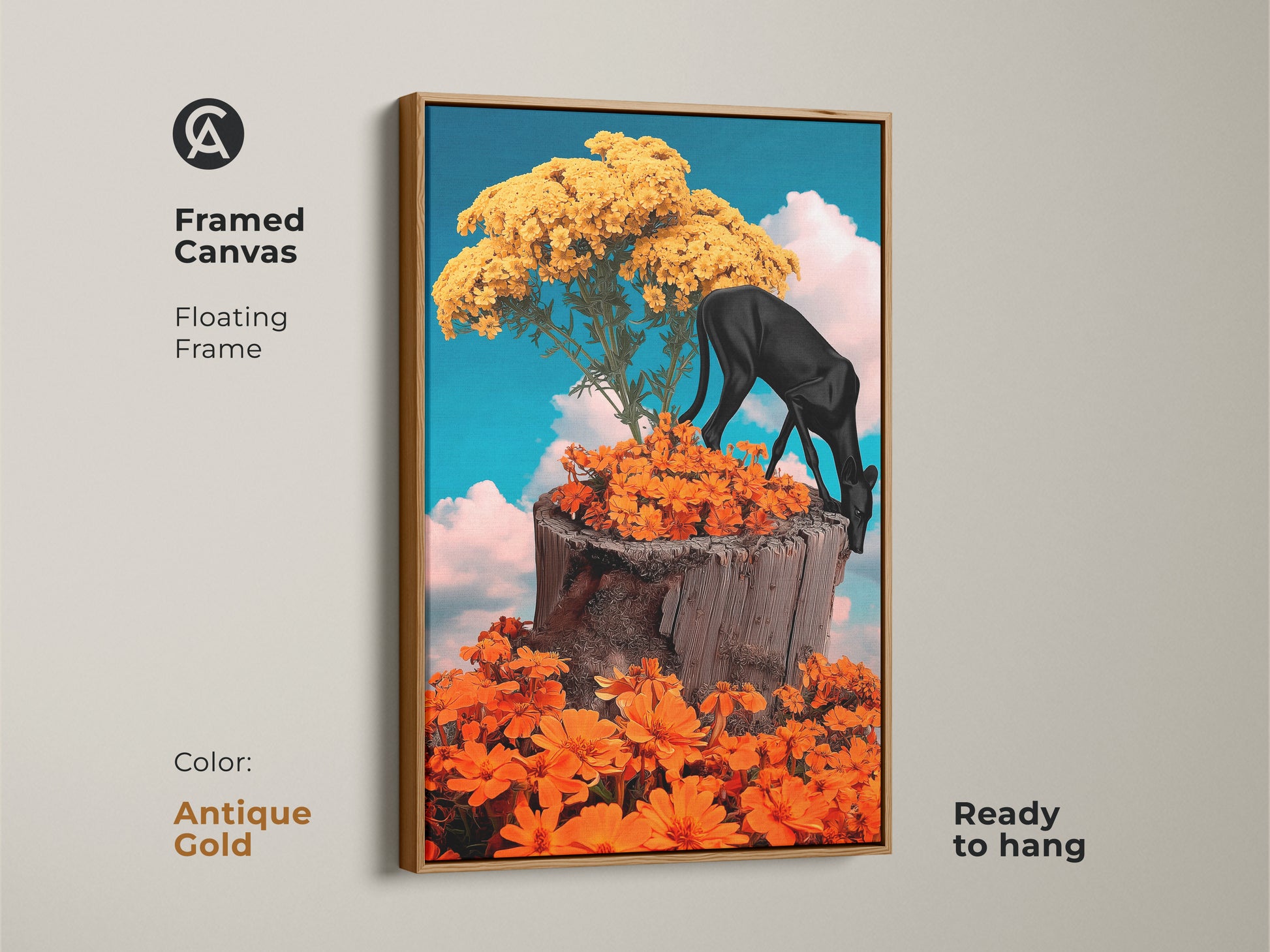 Surreal black panther art in a framed canvas print. The fantasy nature collage creates an eclectic display. The orange flowers and yellow tree enhance any wall. This unique wall hanging is ready to hang. Antique gold floating frame adds elegance.