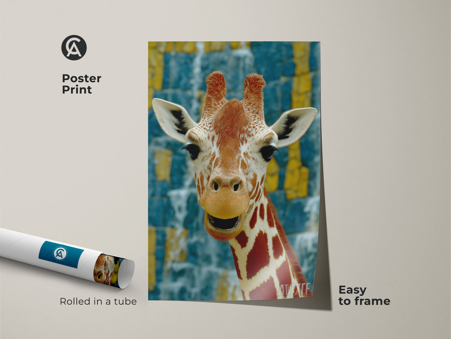 Poster print of a giraffe portrait. This African savanna wildlife artwork is easy to frame. Featuring photorealistic detail and bold colors such as orange yellow and blue. Rolled in a protective tube. Perfect housewarming gift for the eclectic animal lover.