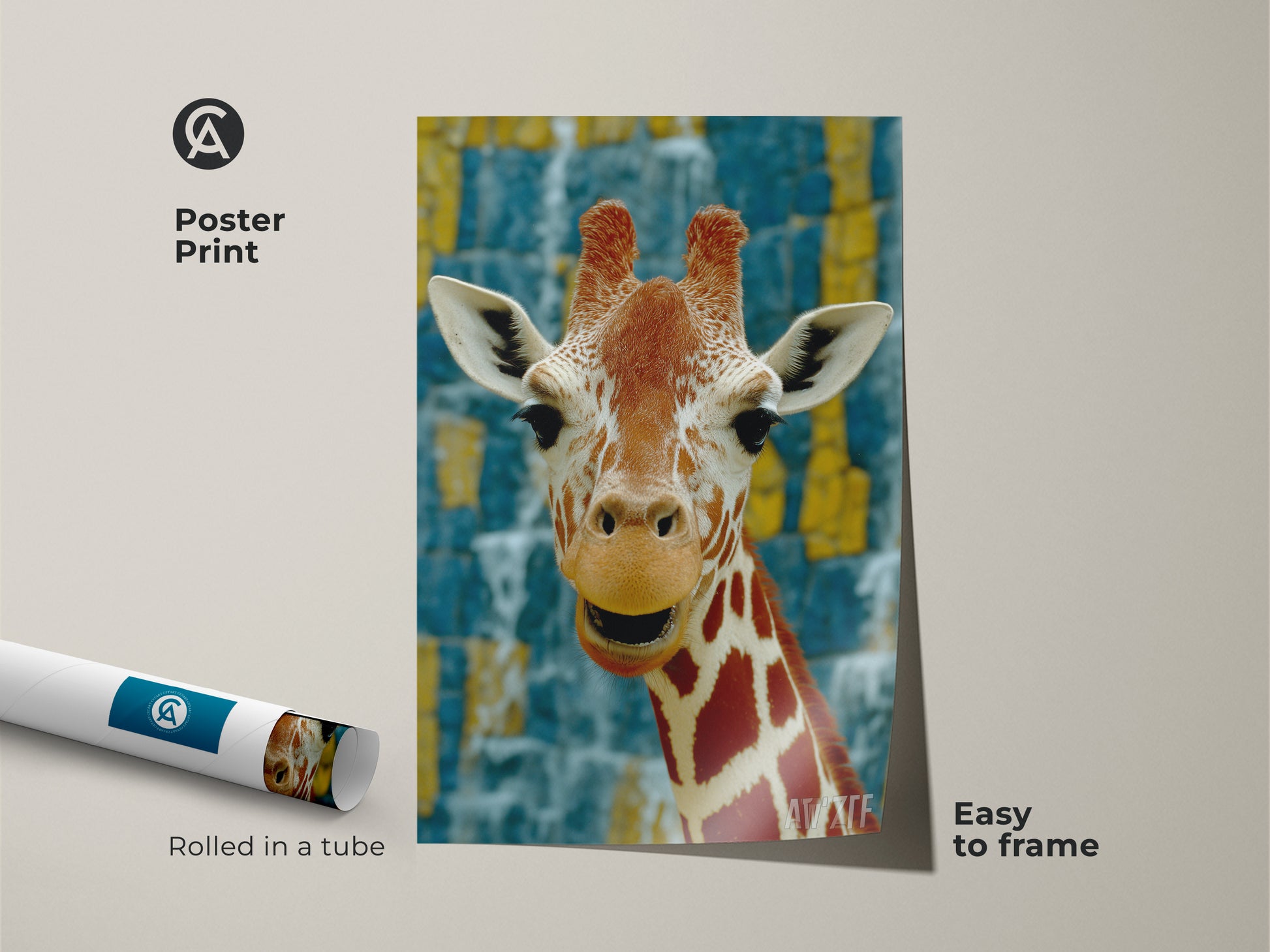 Poster print of a giraffe portrait. This African savanna wildlife artwork is easy to frame. Featuring photorealistic detail and bold colors such as orange yellow and blue. Rolled in a protective tube. Perfect housewarming gift for the eclectic animal lover.