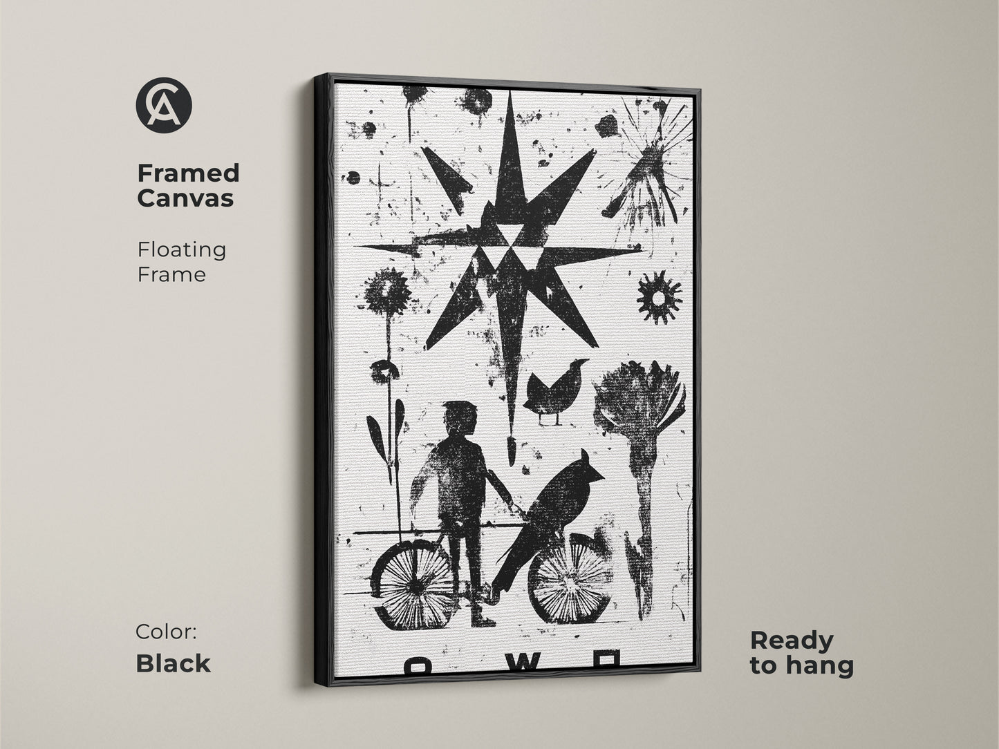 Framed canvas featuring abstract black and white linocut art. The floating frame highlights the minimalist child and bird graphic. Ready to hang this eclectic art brings modern artistry to any space. Perfect as a housewarming gift for art enthusiasts.