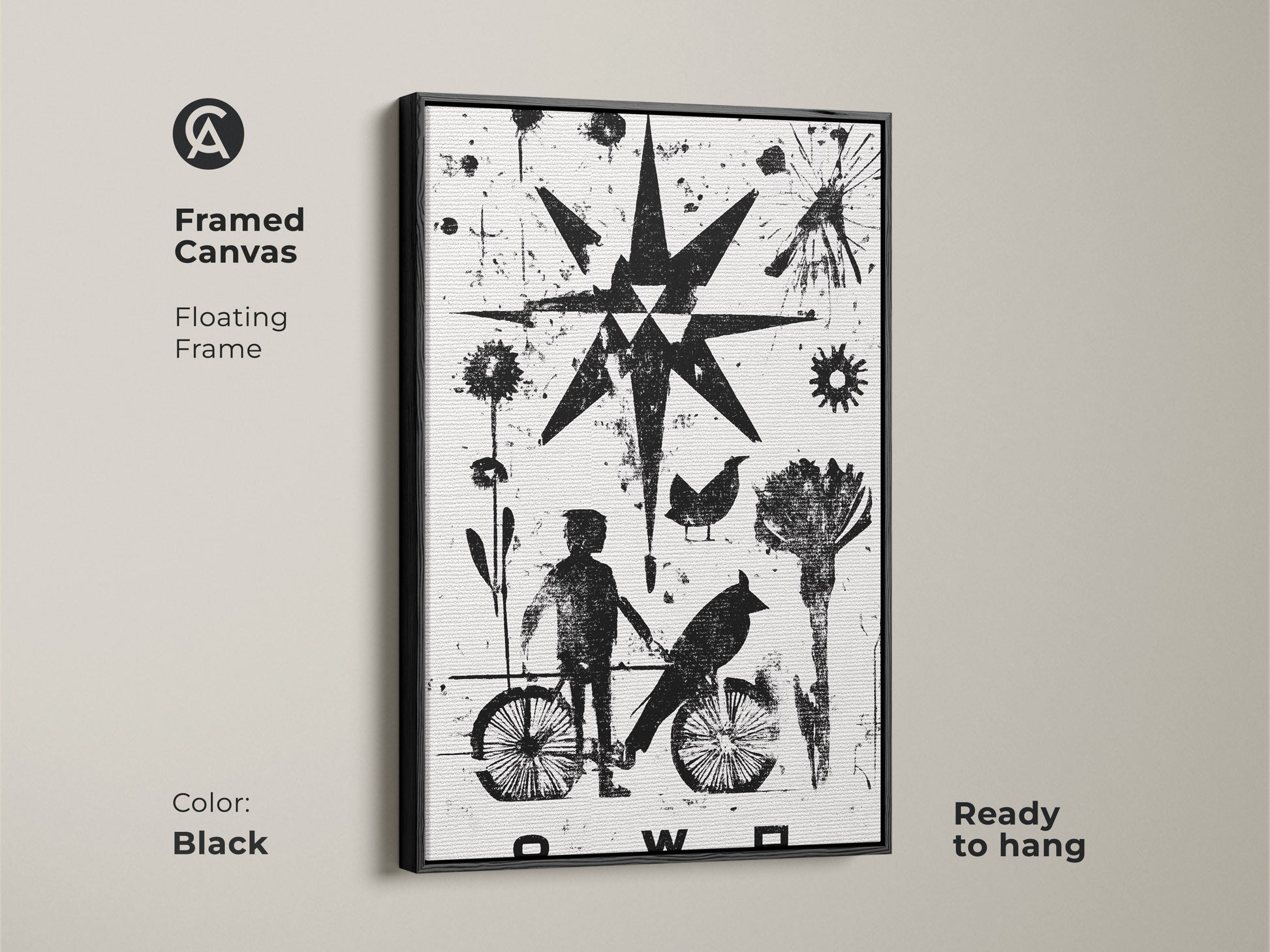 Framed canvas featuring abstract black and white linocut art. The floating frame highlights the minimalist child and bird graphic. Ready to hang this eclectic art brings modern artistry to any space. Perfect as a housewarming gift for art enthusiasts.