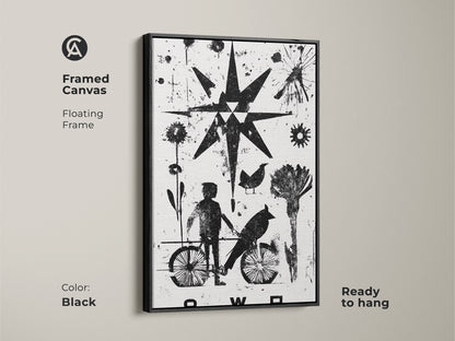 Framed canvas featuring abstract black and white linocut art. The floating frame highlights the minimalist child and bird graphic. Ready to hang this eclectic art brings modern artistry to any space. Perfect as a housewarming gift for art enthusiasts.