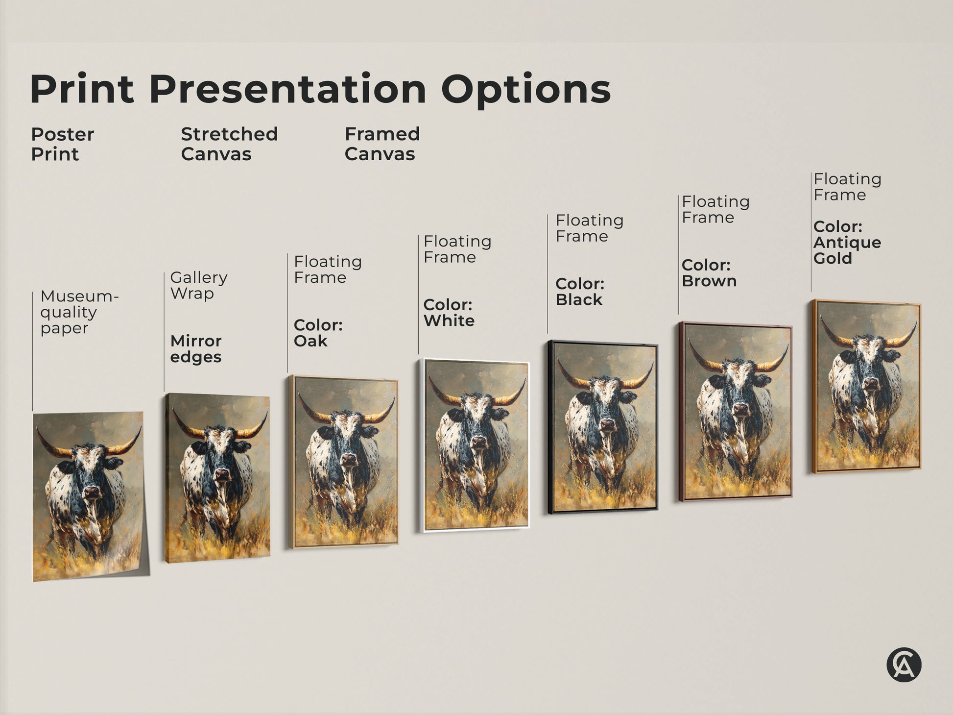 Print presentation options for Longhorn Bull artwork. Choose from poster print stretched canvas or framed canvas. Each option showcases the black and white animal artwork. Perfect for rustic western wall decor. The farmhouse home decor fits any space. Ideal gifts for cowboy enthusiasts. Museum-quality paper ensures lasting beauty.