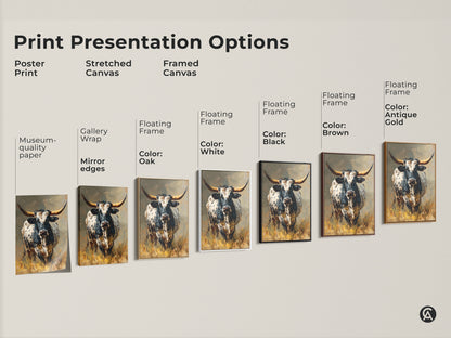 Print presentation options for Longhorn Bull artwork. Choose from poster print stretched canvas or framed canvas. Each option showcases the black and white animal artwork. Perfect for rustic western wall decor. The farmhouse home decor fits any space. Ideal gifts for cowboy enthusiasts. Museum-quality paper ensures lasting beauty.