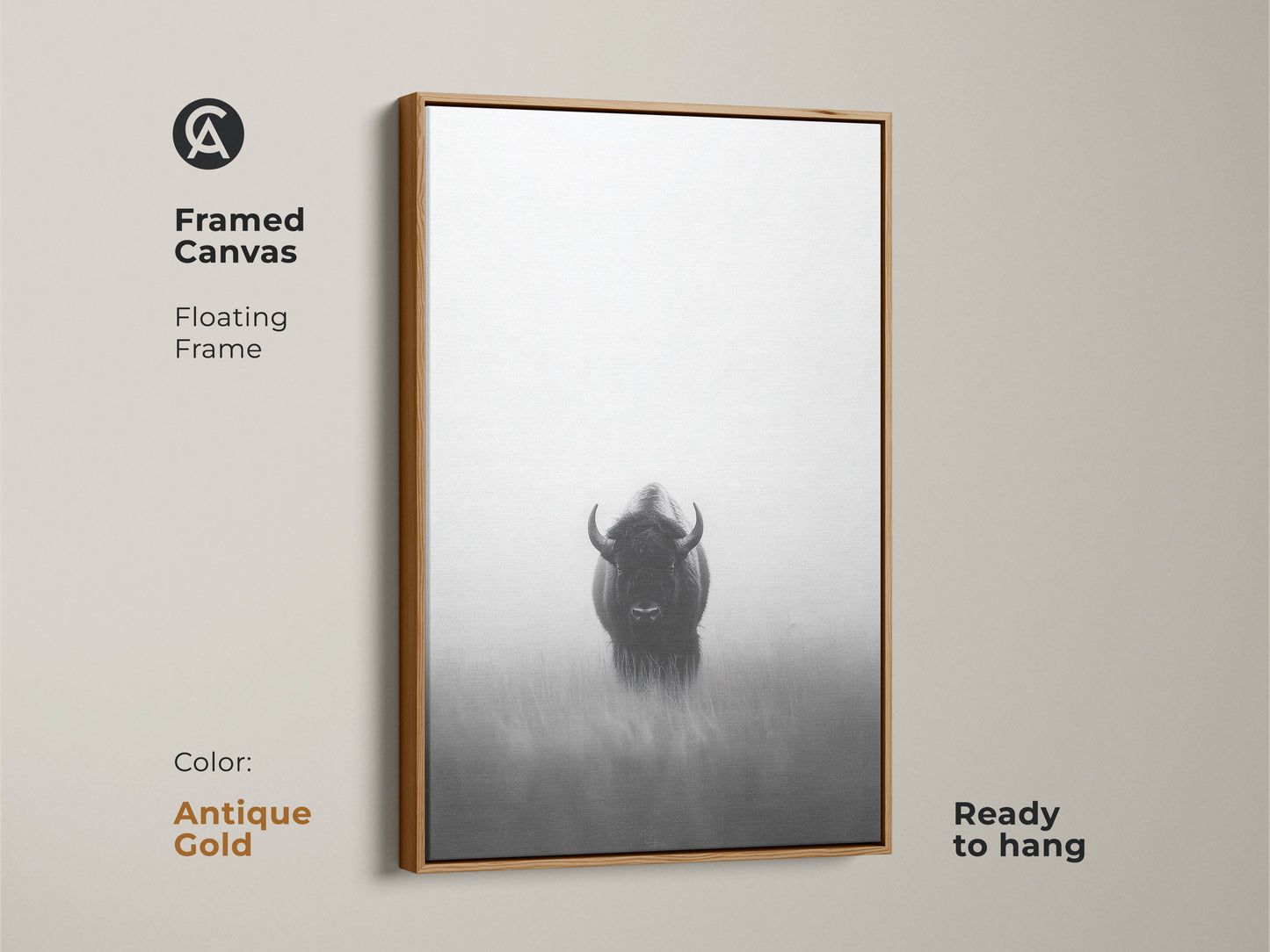 A framed monochrome bison canvas art with an antique gold floating frame. This ready to hang artwork features a minimalist wildlife print. This black and white animal art adds a rustic yet modern touch to your space. A unique gift for outdoor lovers.