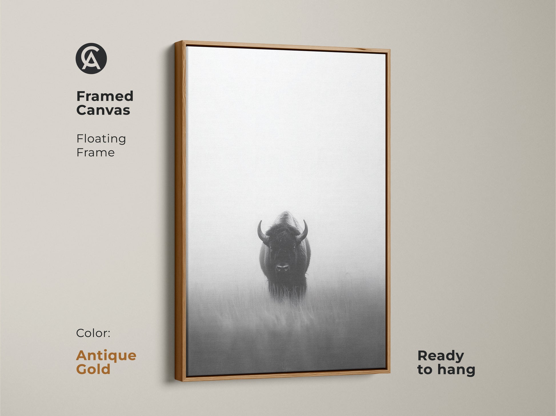 A framed monochrome bison canvas art with an antique gold floating frame. This ready to hang artwork features a minimalist wildlife print. This black and white animal art adds a rustic yet modern touch to your space. A unique gift for outdoor lovers.
