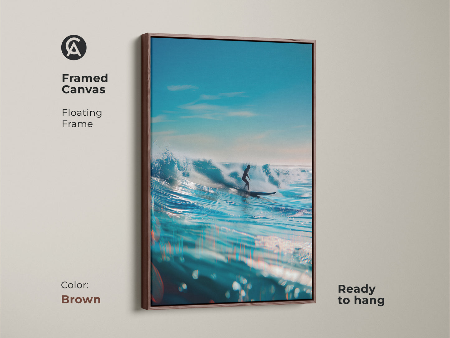Brown framed canvas of a surfer riding a wave. This ready-to-hang floating frame adds warmth to the ocean artwork. The blue wave and clear sky make this a stunning piece. Enhance your space with this beautiful surfing art.