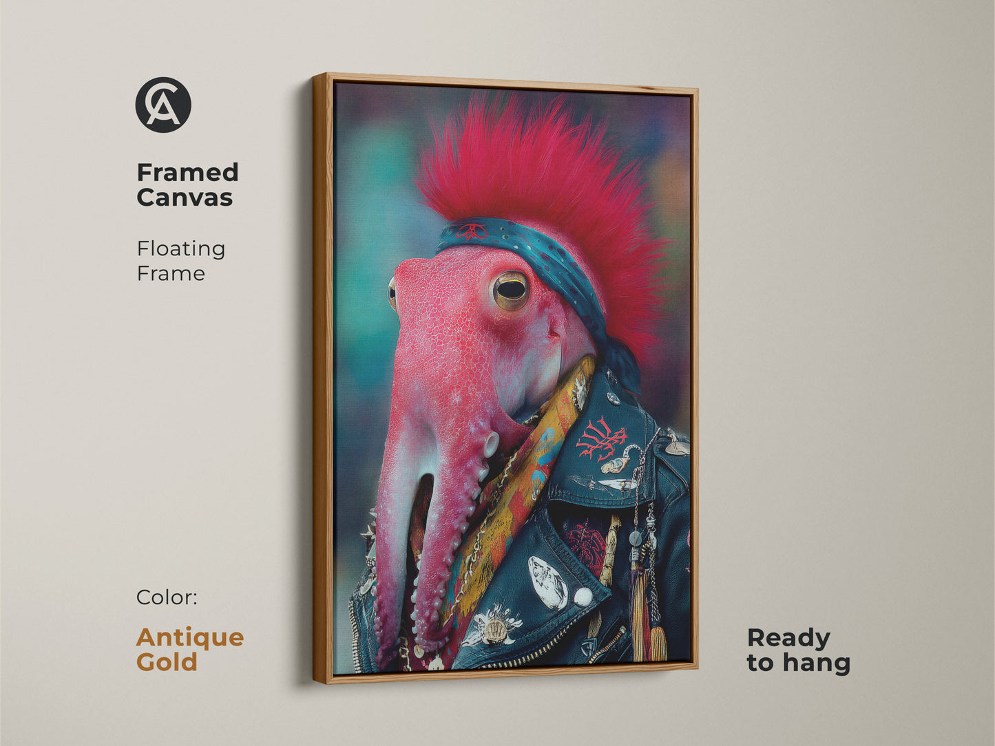 Framed Canvas in Antique Gold Featuring a Punk Rocker Octopus. Ready to hang this surreal animal artwork enhances any wall. Perfect eclectic wall decor for music enthusiasts.